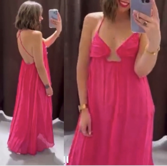 ZARA sz XS LIMITED Fuchsia Pink Voluminous Chiffon Maxi Cutout Open Back Dress - Picture 10 of 16
